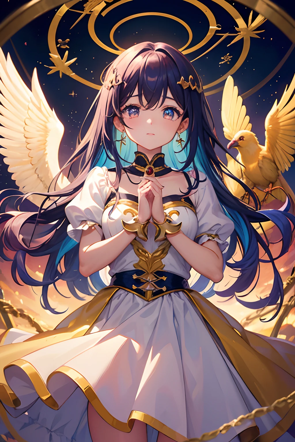 A group of 5 magical girls (mahou shoujo group) flying together around a round and golden bird cage where a beautiful bird is trapped and a chaotic and multicolored sky in the background and over them evil eyes of a chaotic and multicolored witch, perfect hands, rostos perfeitos, vestidos bonitos, cabelos super coloridos e vibrantes, rostos bonitos rostos perfeitos, cabelos bonitos, olhos expressivos, bocas bonitas, beautiful hands, detailed hands, beautiful hands, dedos perfeitos, numero de dedos de um ser humano