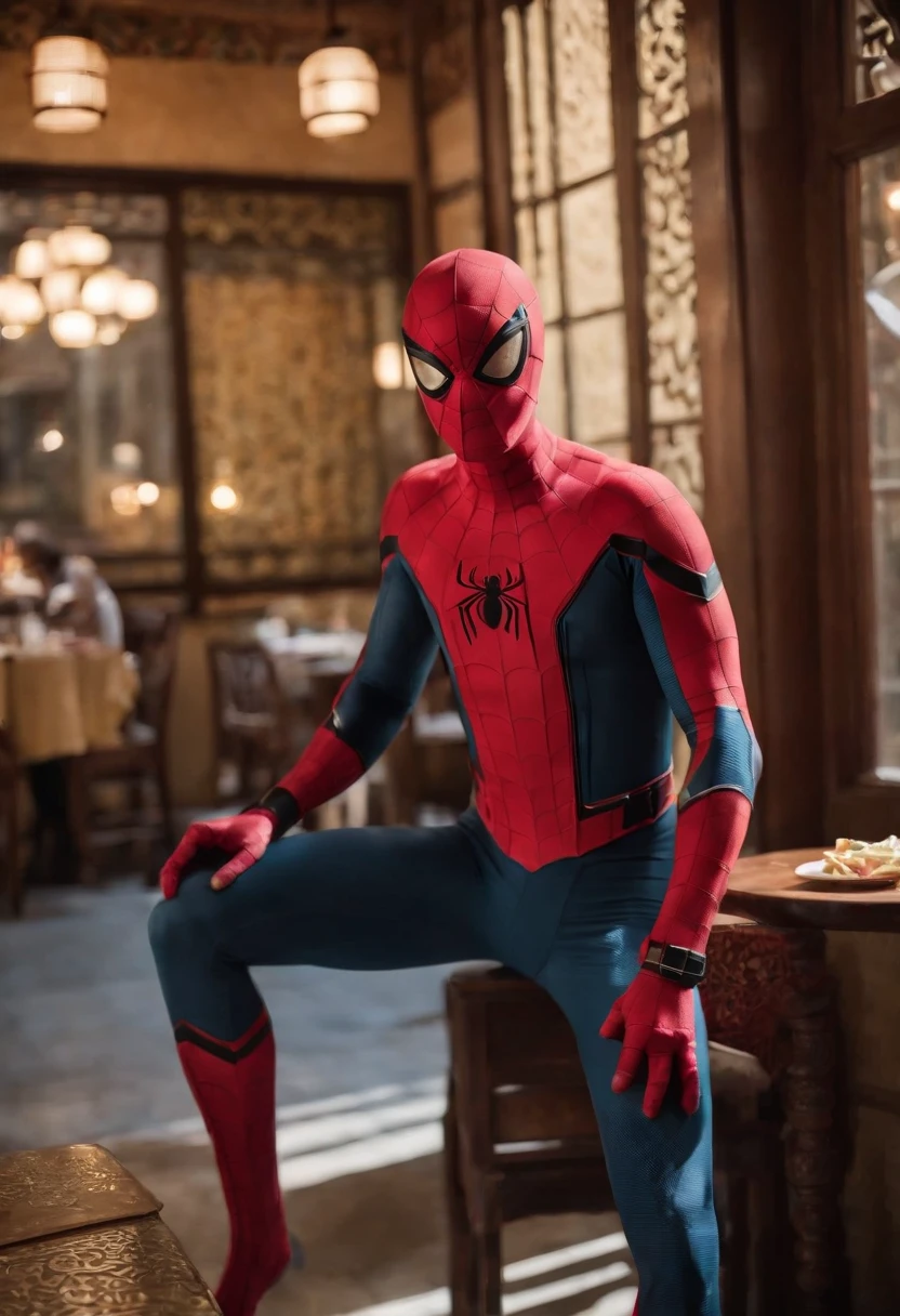 Cinematographer, ultra realista, Ropa detallada, Bellamente detallado, UHD, HDR, Altas Resoluciones, ultra detallado, Detalles intrincados, Efectos texturales, absurdos, obra maestra, 8k:1.2. En esta imagen, vemos a Spider-Man en un inusual descanso de sus actividades heroicas. He's standing in a chic Asian restaurant in his iconic costume................................... Spider-Man holds a bowl of Chinese fried rice mixed with chow mein in his hands skillfully. The restaurant is decorated with traditional Chinese elements, como linternas rojas colgando del techo y dragones dorados esculpidos en las paredes. The dim light of the lanterns creates a warm and welcoming atmosphere in the place.