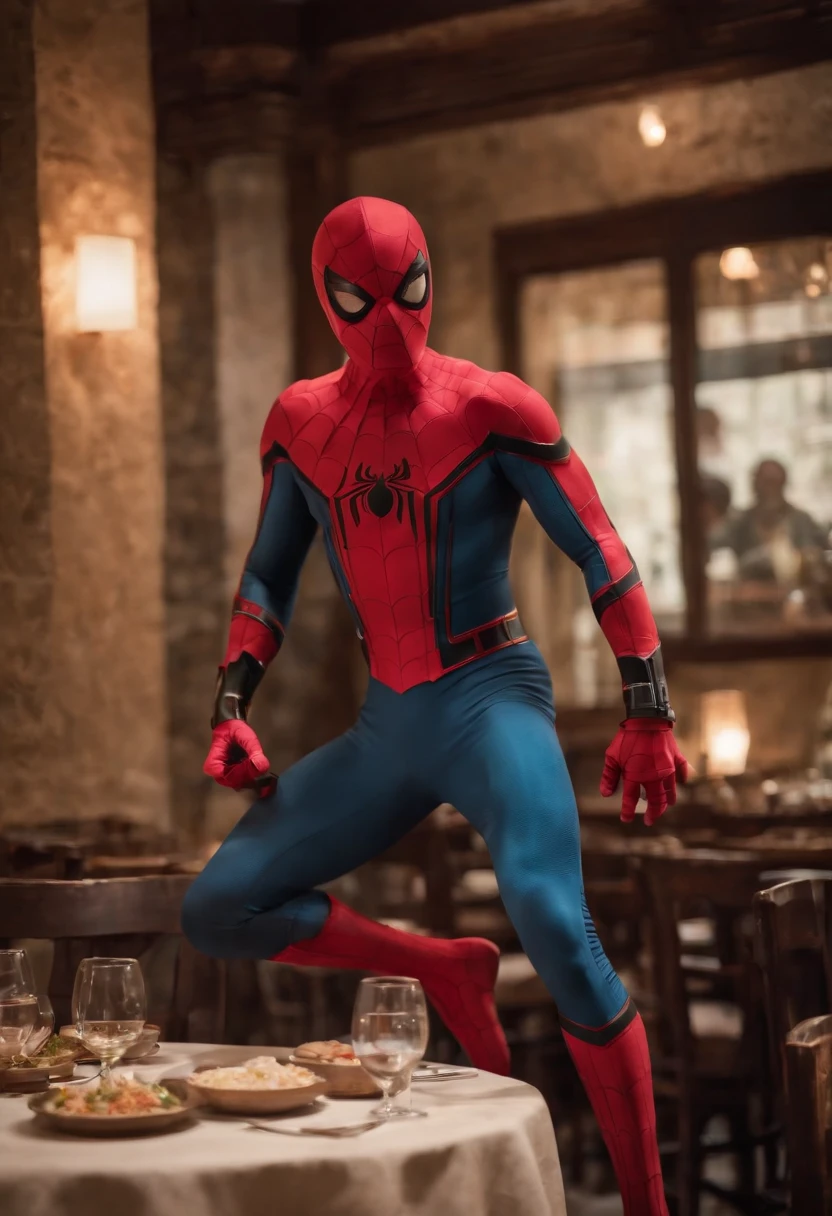 Cinematographer, ultra realista, Ropa detallada, Bellamente detallado, UHD, HDR, Altas Resoluciones, ultra detallado, Detalles intrincados, Efectos texturales, absurdos, obra maestra, 8k:1.2. En esta imagen, vemos a Spider-Man en un inusual descanso de sus actividades heroicas. He's standing in a chic Asian restaurant in his iconic costume............................ Spider-Man holds a bowl of Chinese fried rice mixed with chow mein in his hands skillfully. The restaurant is decorated with traditional Chinese elements, como linternas rojas colgando del techo y dragones dorados esculpidos en las paredes. The dim light of the lanterns creates a warm and welcoming atmosphere in the place.