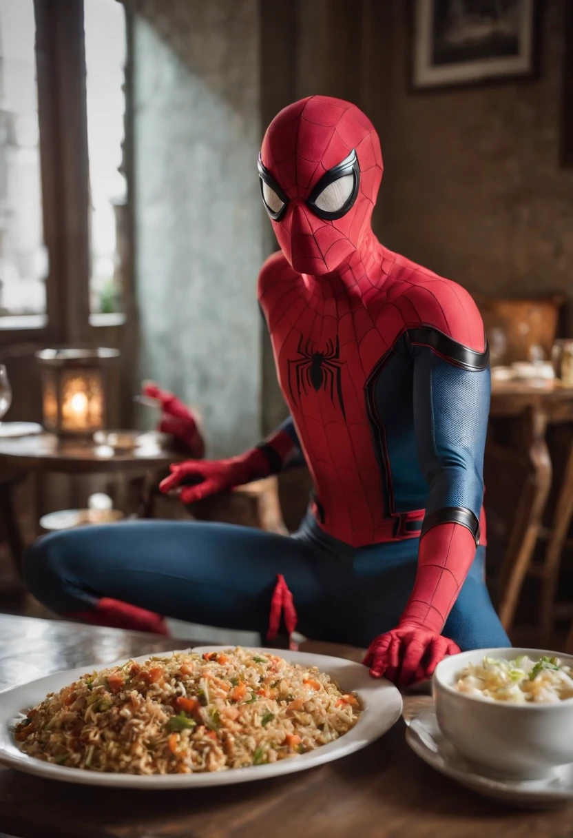 Cinematographer, ultra realista, Ropa detallada, Bellamente detallado, UHD, HDR, Altas Resoluciones, ultra detallado, Detalles intrincados, Efectos texturales, absurdos, obra maestra, 8k:1.2. En esta imagen, vemos a Spider-Man en un inusual descanso de sus actividades heroicas. He's standing in a chic Asian restaurant in his iconic costume............................ Spider-Man holds a bowl of Chinese fried rice mixed with chow mein in his hands skillfully. The restaurant is decorated with traditional Chinese elements, como linternas rojas colgando del techo y dragones dorados esculpidos en las paredes. The dim light of the lanterns creates a warm and welcoming atmosphere in the place.