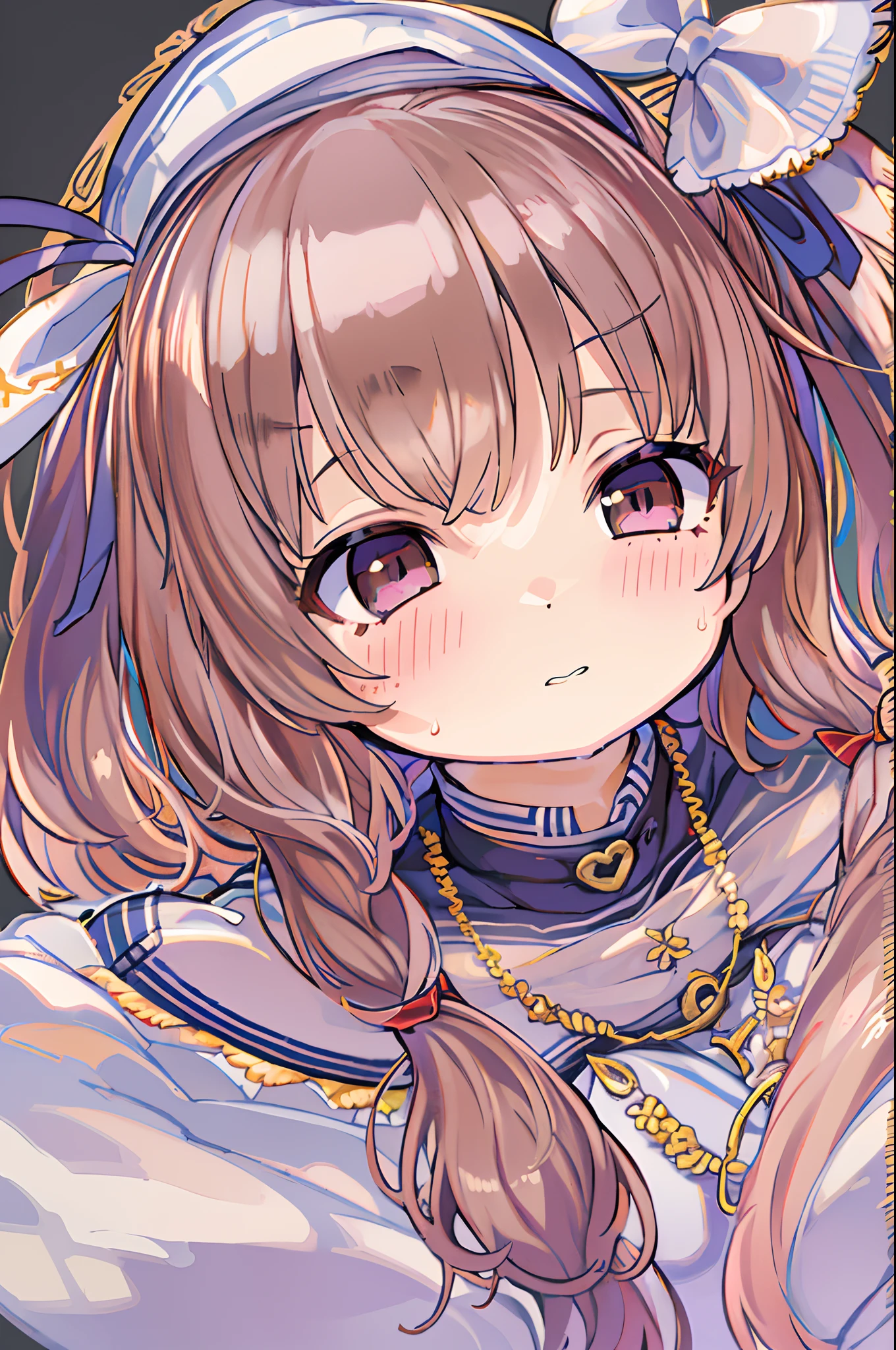 (1girl in), masutepiece, Best Quality, superfine illustration, a very pretty girl, extremely detailed beautiful face, Looking at Viewer, 1girl in, Belt bag, gros-plan, Looking at Viewer, 4K, hight resolution, bow ribbon, Phyllis Mistrout, blush, POV, twin-tail hair, White background, Simple background, thick outline, Purple eyes, (sleep), Brown hair, Chibi, expression of love, ((Brown hair)),
