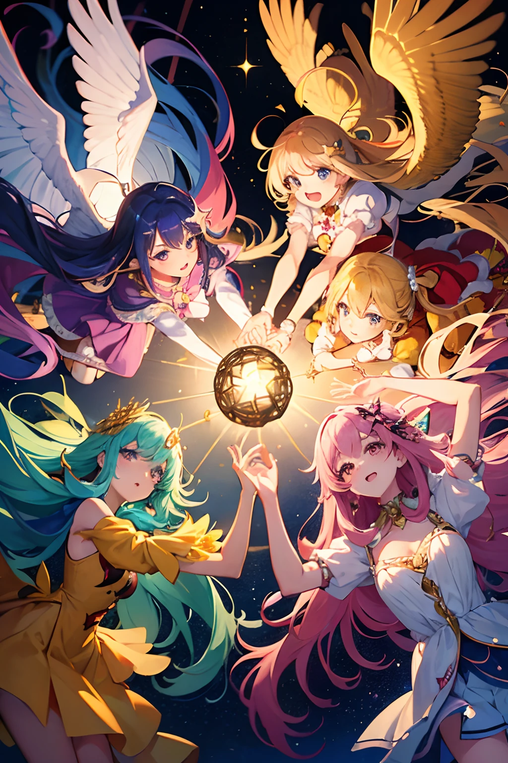 A group of 5 magical girls (mahou shoujo group) flying together around a round and golden bird cage where a beautiful bird is trapped and a chaotic and multicolored sky in the background and over them evil eyes of a chaotic and multicolored witch, perfect hands, rostos perfeitos, vestidos bonitos, cabelos super coloridos e vibrantes, rostos bonitos rostos perfeitos, cabelos bonitos, olhos expressivos, bocas bonitas, beautiful hands, detailed hands, beautiful hands, dedos perfeitos, numero de dedos de um ser humano