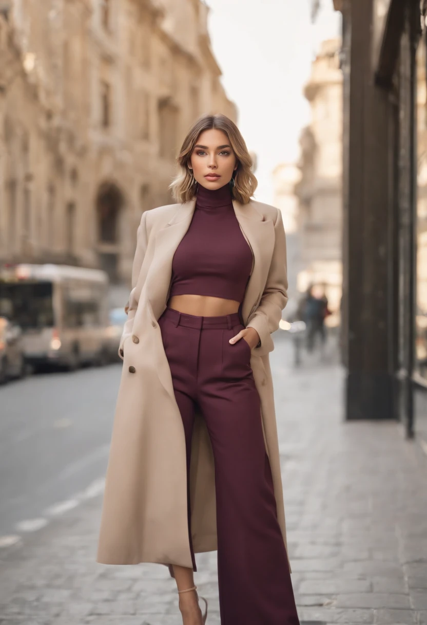 ((Realistic lighting, Best Quality, 8K, Masterpiece: 1.3)), Clear Focus: 1.2, 2girl, perfect figure: 1.4, Slim abs: 1.1, ((Short blonde bob hair)), (Chic, Custom-made trouser suit and turtle neck: 1.4), Super Slim Face, Slender Eyes, double eyelids, woman posing, sitting at a bus stop on the street, inspired by Gina Pellon, instagram, tachisme, violet myers, lorena avarez, Olivia Culpo, alanis guillen, Looks like Laura Barriales, Sophie Mudd, Tanned Amira Al Taweel, beautiful iranian woman, full-length portrait