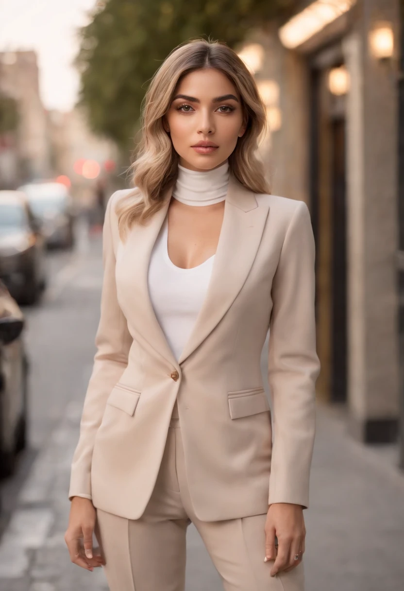 ((Realistic lighting, Best quality, 8K, Masterpiece: 1.3)), Clear focus: 1.2, 2girl, Perfect Figure: 1.4, Slim Abs: 1.1, ((short blonde bob hair)), (chic, tailored pantsuit and turtle neck: 1.4), Super fine face, Fine eyes, Double eyelids, woman is posing while sitting in a bus stop in a street, inspired by Gina Pellón, instagram, tachisme, violet myers, lorena avarez, olivia culpo, alanis guillen, looks like laura barriales,  sophie mudd, tanned ameera al taweel, beautiful iranian woman, full body portrait