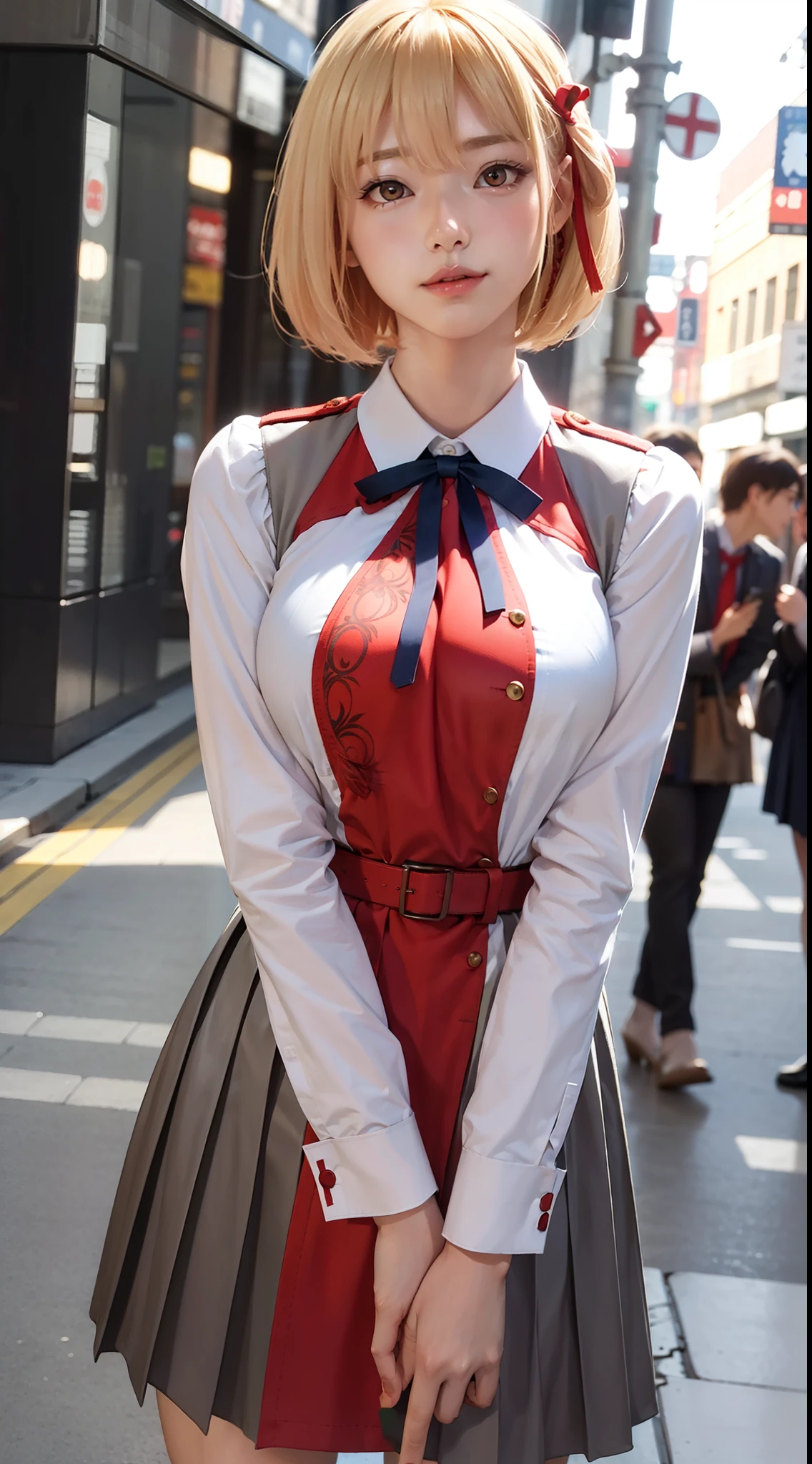 chisatonishikigi, nishikigi chisato, short hair, bangs, blonde hair, (red eyes:1.5), hair band, one side up, bob cut, BREAK shirt, long sleeve, dress, ribbon, white shirt, collared shirt, belt, neck ribbon, red dress, blue ribbon, pleated dress, gray dress, two color dress, red belt, lycoris uniform, (large breast ), BREAK outdoors, city, BREAK looks at the viewer, BREAK (masterpiece:1.2), best quality, high resolution, unity 8k wallpaper, (illustration:0.8), (beautiful detailed eyes:1.6), very detailed face, perfect lighting, very detailed CG, ( perfect hands, perfect anatomy), (close up:1.2), smile