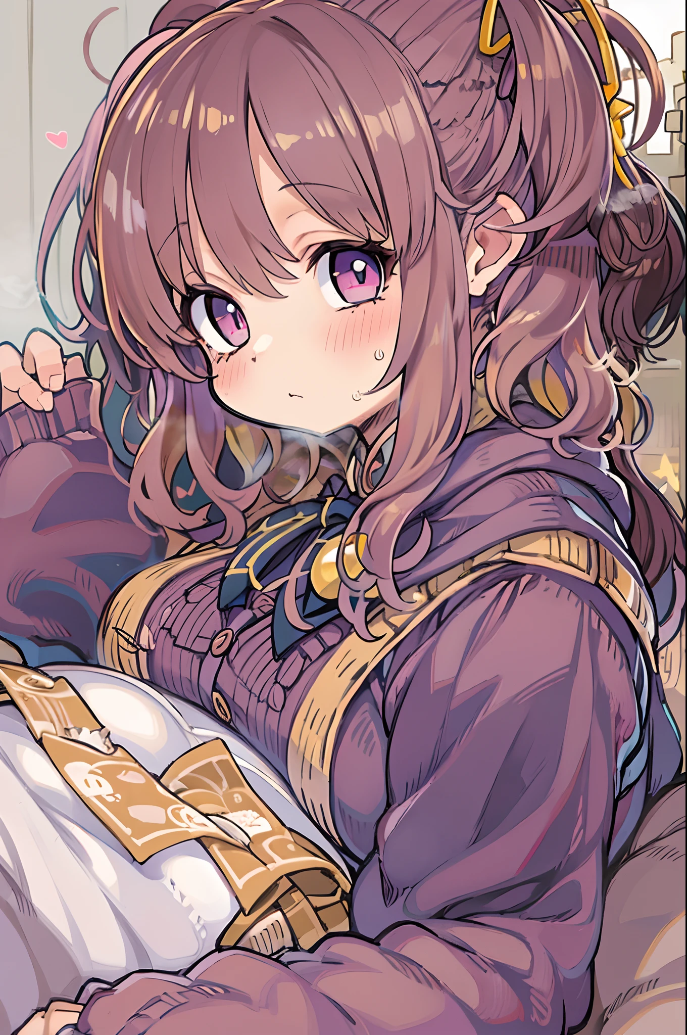 (1girl in), masutepiece, Best Quality, superfine illustration, a very pretty girl, extremely detailed beautiful face, Looking at Viewer, 1girl in, Belt bag, gros-plan, Looking at Viewer, 4K, hight resolution, bow ribbon, Phyllis Mistrout, blush, POV, twin-tail hair, White background, Simple background, thick outline, Purple eyes, (sleep), Brown hair, Chibi, expression of love, ((Brown hair)),