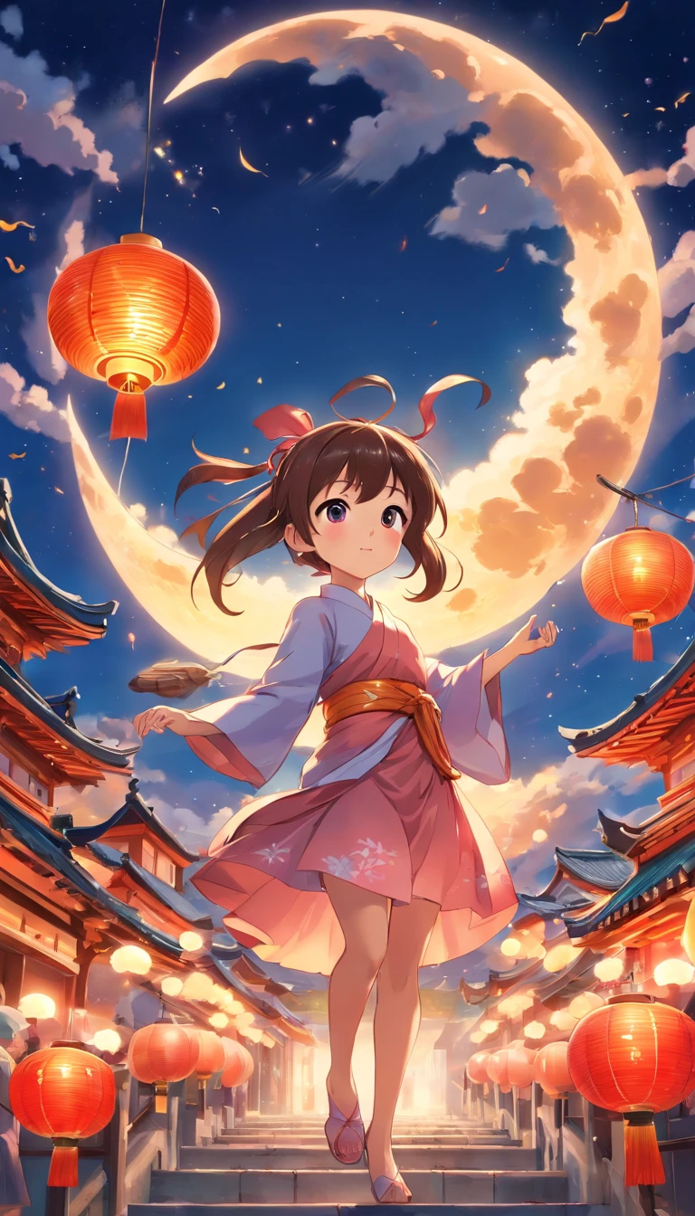 Mid-Autumn Festival, Cute fairy, Beautiful big eyes, Wear ancient costumes, Rabbit playing around girl, Moon cake, Auspicious clouds, Behind the huge moon, Warm colors, Abstract Imagery, ultra-realistic realism, Pixar style, 3d effect, Disney style, Clear edge light, rim-light, fantasy, spotlight, 8K