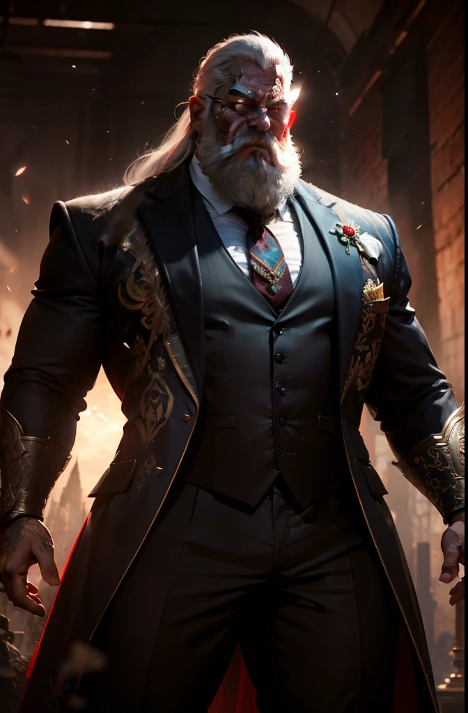 old man, bara,royal commander, thick body, slightly fat,ornate suit,long tie,white beard,short white hair,handsome, sharp gaze, in cage,glowing red eyes, big bulge, standing, hide hands behind hip, hd quality, masterpiece, extremely detailed, looking to the viewer, perspective view, UHD, 64k, unreal.(highly detailed skin), (detailed face), detailed background, dark lighting, twilight lighting, volumetric lighting, intricate details, UHD, dragon