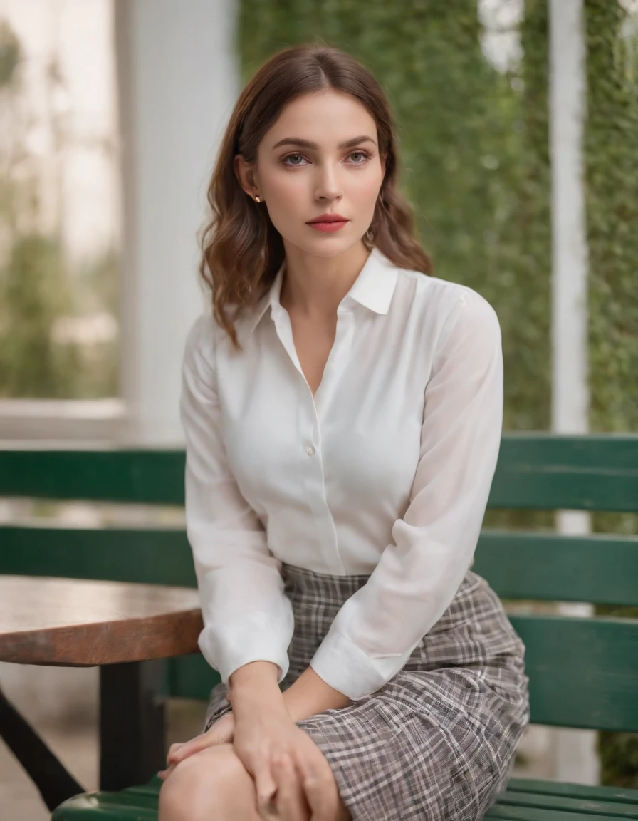 young woman dressed in white blouse and checkered skirt, sitting on green bench in a room, medium close up, boken style, large window in the background, high angle shot, in the style of ultrafine detail, high quality photo