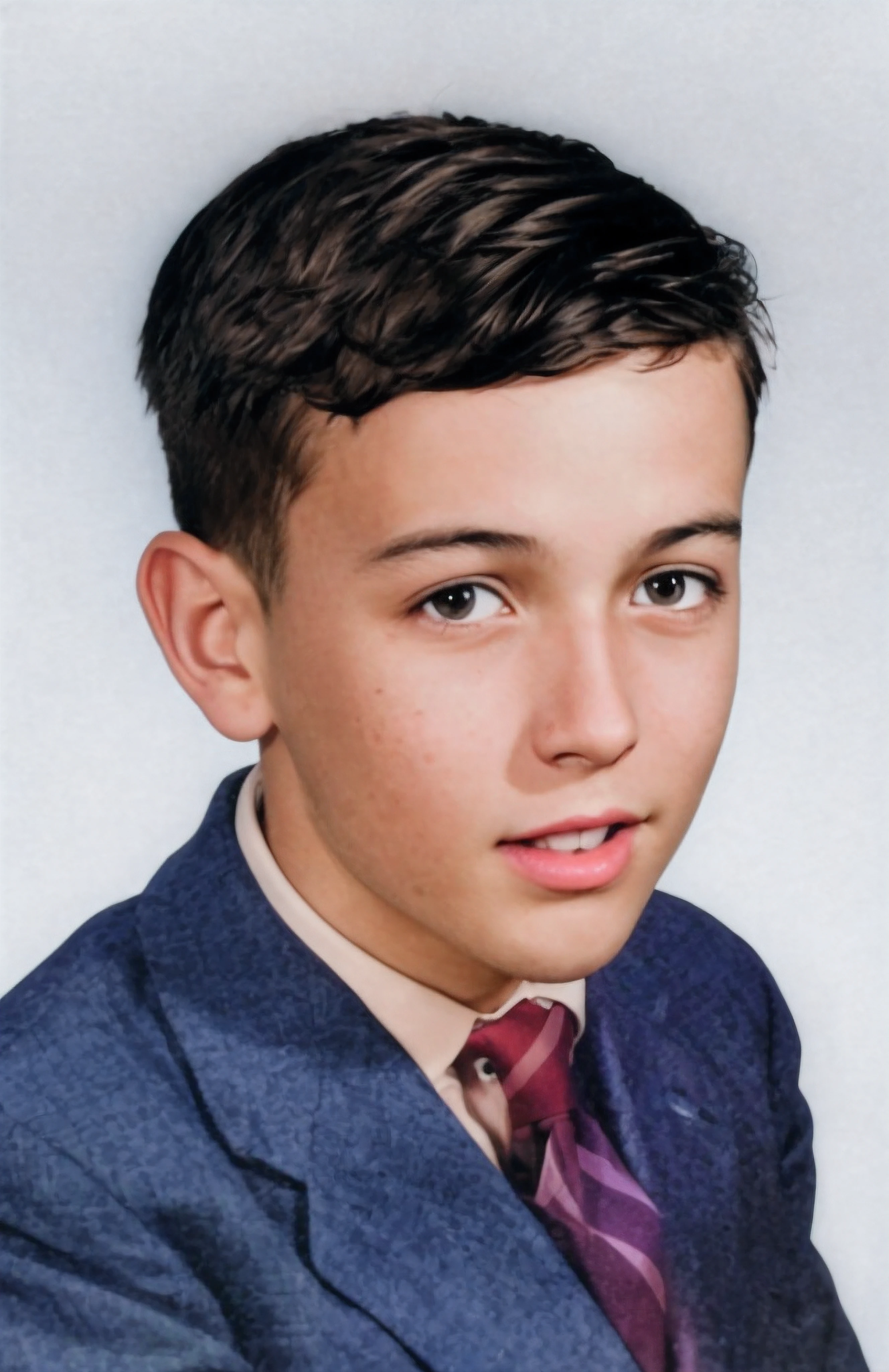 Boy in blue denim suit, white shirt and tie, 11 years old, color photo, boy with light brown hair combed to the side, gray eyes, smiling, Just 2 front teeth, some moles on his face, white background, RAW photo, Best Quality, 8k, High Quality, Ultra Detailed, (Highly Detailed Skin, Full Sharp:1.2), 8k UHD, DSLR, Detailed Face