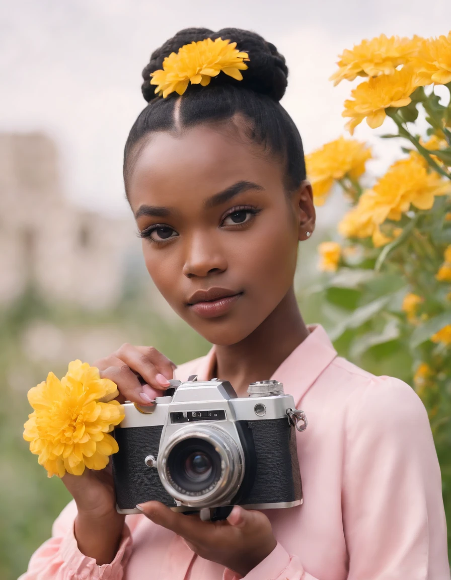 black girl with buns and yellow flowers, dressed in vintage pink blouse, holding retro video camera, frontal illumination, medium close up shot, high quality photo