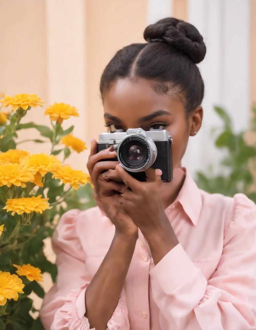 black girl with buns and yellow flowers, dressed in vintage pink blouse, holding retro video camera, frontal illumination, medium close up shot, high quality photo