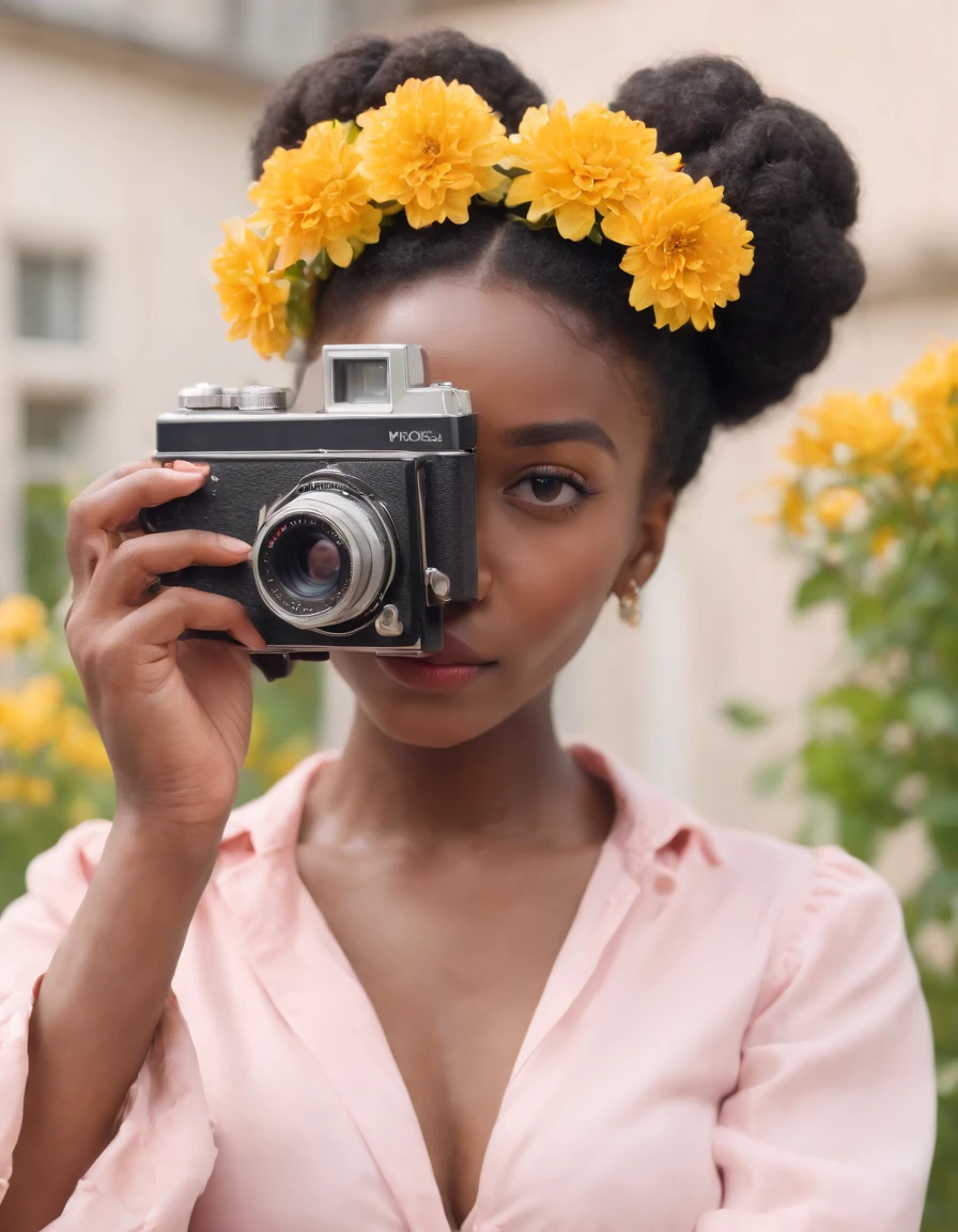 black girl with buns and yellow flowers, dressed in vintage pink blouse, holding retro video camera, frontal illumination, medium close up shot, high quality photo