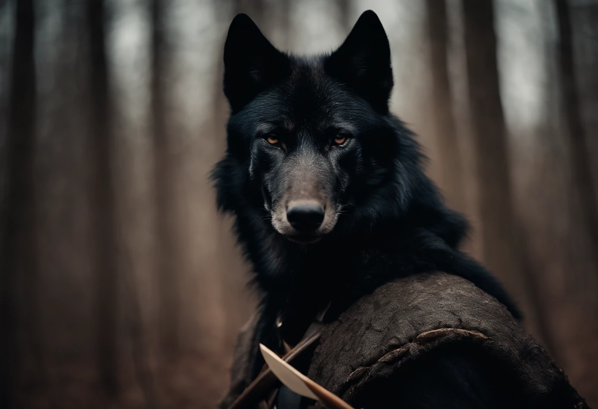 A black wolf in costume, wounded in the back by an arrow. A strong wolf, wounded but standing. black hair. Let there be a cigarette in mouth. arrows stuck in the back