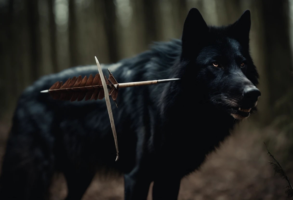 A black wolf in costume, wounded in the back by an arrow. A strong wolf, wounded but standing. black hair. Let there be a cigarette in mouth. arrows stuck in the back