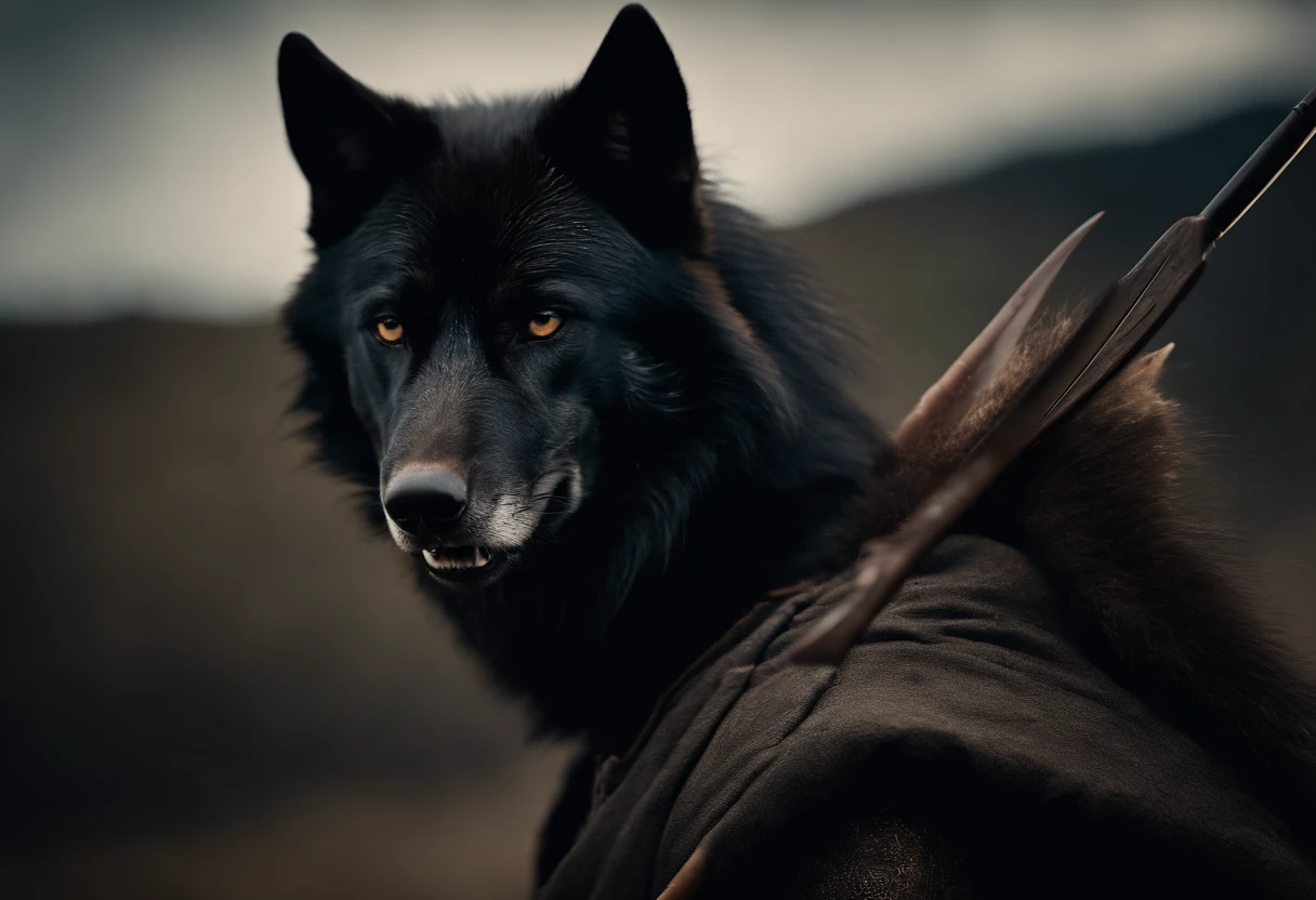 A black wolf in costume, wounded in the back by an arrow. A strong wolf, wounded but standing. black hair. Let there be a cigarette in mouth. arrows stuck in the back