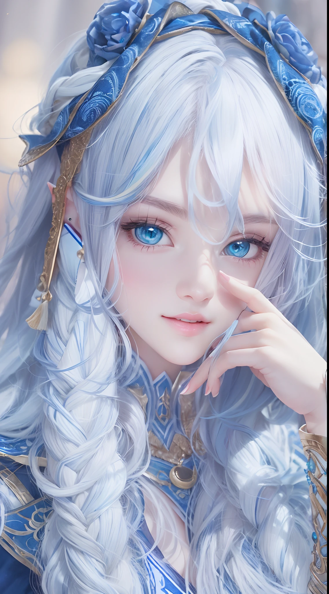((best quality))) (((HD))) (((8k))) (character) 20-year-old girl dynamic seductive close-up poses, ((adventurous)) elf, ((beautiful)) and ((happy)), ((blue and white hair)) and ((long hair)).