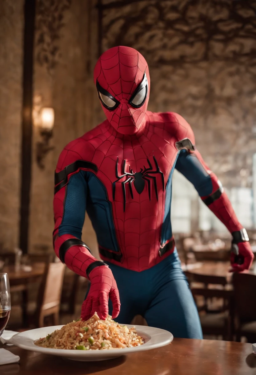 Cinematographer, ultra realista, Ropa detallada, Bellamente detallado, UHD, HDR, Altas Resoluciones, ultra detallado, Detalles intrincados, Efectos texturales, absurdos, obra maestra, 8k:1.2. En esta imagen, vemos a Spider-Man en un inusual descanso de sus actividades heroicas. He's standing in a chic Asian restaurant in his iconic costume............................. Spider-Man holds a bowl of Chinese fried rice mixed with chow mein in his hands skillfully. The restaurant is decorated with traditional Chinese elements, como linternas rojas colgando del techo y dragones dorados esculpidos en las paredes. The dim light of the lanterns creates a warm and welcoming atmosphere in the place.
