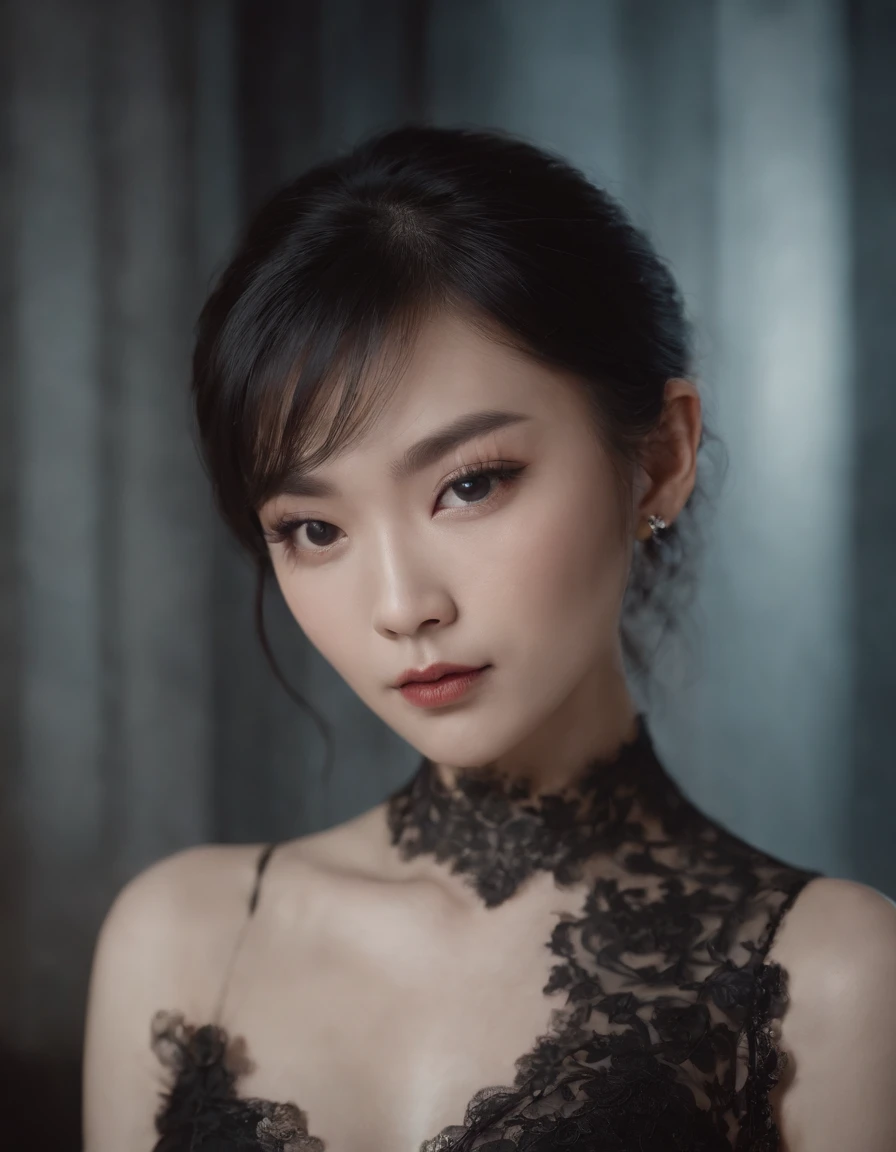 sheila wu for kingki ad, in the style of tattoo-inspired, webcam photography, gothic dark intensity, hallyu, dignified poses, metallic rotation, marbleized