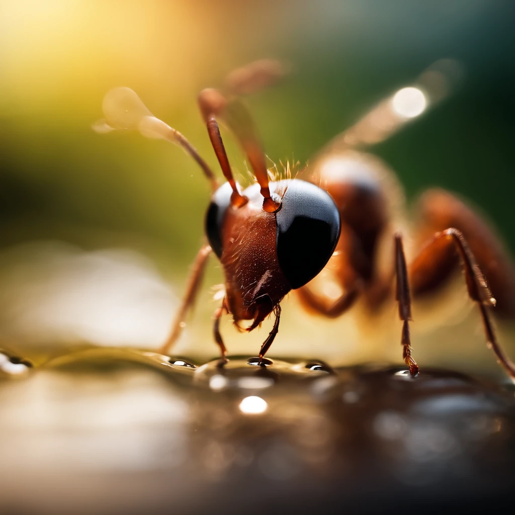 an ant is caught in a drop of water