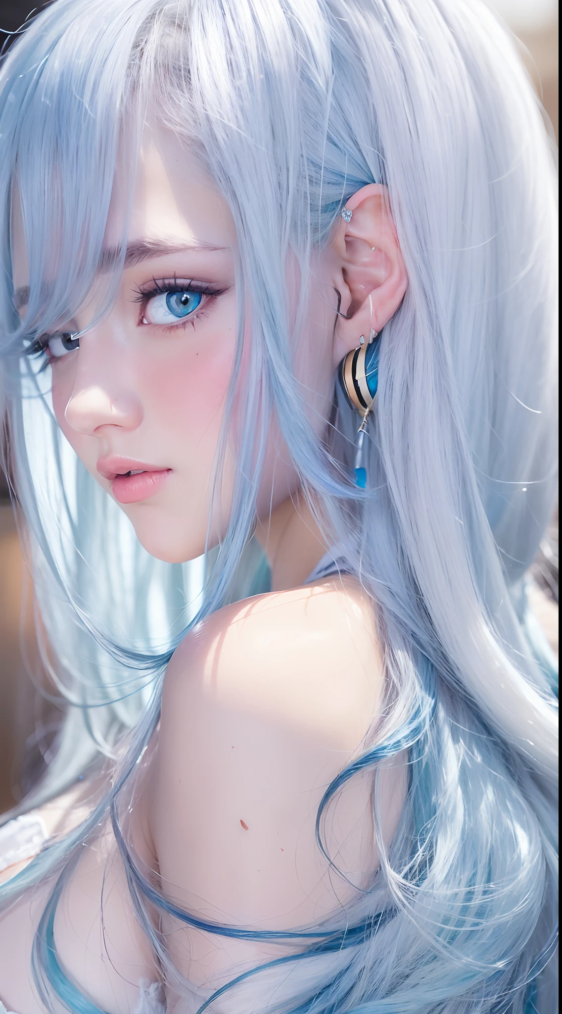 ((best quality))) (((HD))) (((8k))) (character) 20-year-old girl dynamic seductive close-up poses, ((adventurous)) elf, ((beautiful)) and ((happy)), ((blue and white hair)) and ((long hair)).