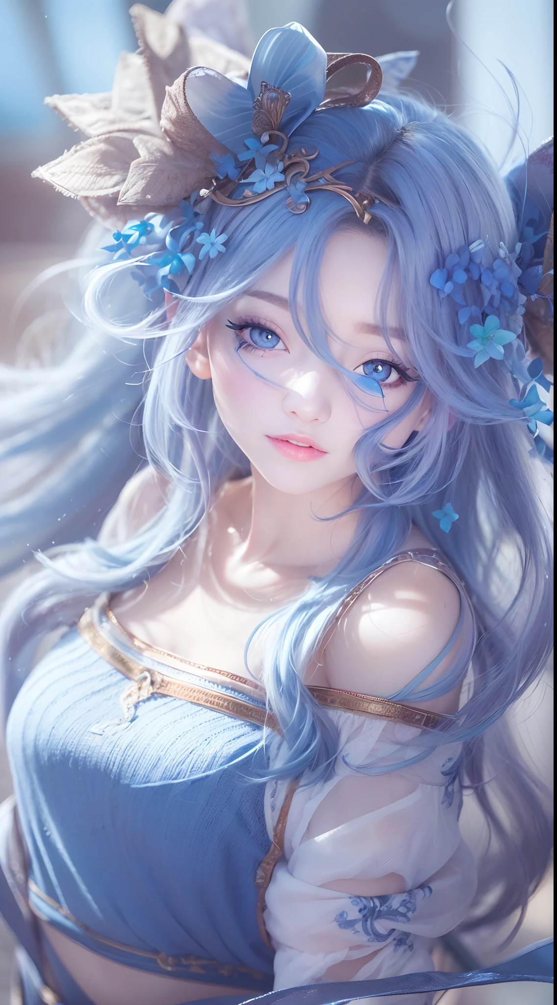 Xianxia, Ultra detailed beautiful woman, voluminous breasts, maid woman, of a 25-year-old woman, Stunningly beautiful, cold blue hair, a variety of hairstyle, cold blue eyes, Her entire head is visible with hair, very long eyelashes, cold blue dress, Stunningly beautiful face, Focus on the face, holographic, light particles, ultra detailed illustration, hit definition, Very bold and bright colors, 32K resolution, Best Quality, voluminous lighting, "beste-Qualit", "tmasterpiece",, ultra realistis, High-quality detailing