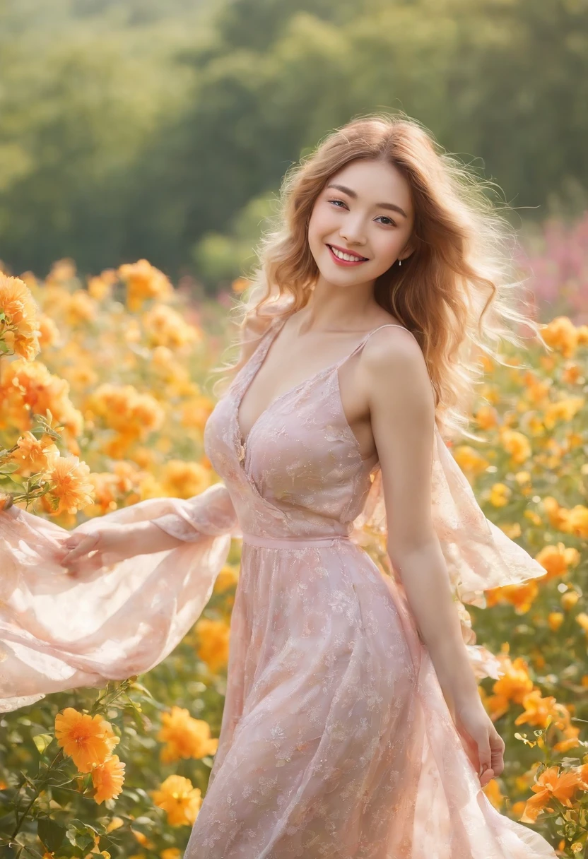(masutepiece, Vivid portrait:1.3), (Seductive depiction of blonde woman in flower garden:1.2), (Canon EOS 5D Mark IV Camera, Famous for capturing vibrant colors and rich textures:1.2), (Paired with Canon EF 35mm F/1.4L II USM lens for versatile compositions:1.2), (Flowing, voluminous blonde hair caught in the breeze, Adding dynamism:1.1), (Glowing blue eyes reflecting the shade of the sky:1.1), (A perfect face that exudes perfection:1.1), (Knee-length sundress full of kaleidoscopes of colors:1.1), (Her cheerful smile radiating pure happiness:1.1), (Playful movements of the dress to capture the light:1.1), (A mix of wildflowers to create a vibrant backdrop:1.1), (Sunlit fields depicting a joyful atmosphere:1.1), (The sensor of the camera is、Captures the intricate texture of her hair and fabric:1.1), (Lenses that highlight her seductive smile and vibrant outfit:1.1), (A moment to capture carefree joy in nature:1.1), (The synergy of color and emotion in one frame:1.1), (Portrait capturing the essence of the radiant spirit in a blooming landscape:1.1)、One lady、bustup、full bodyesbian、huge tit、