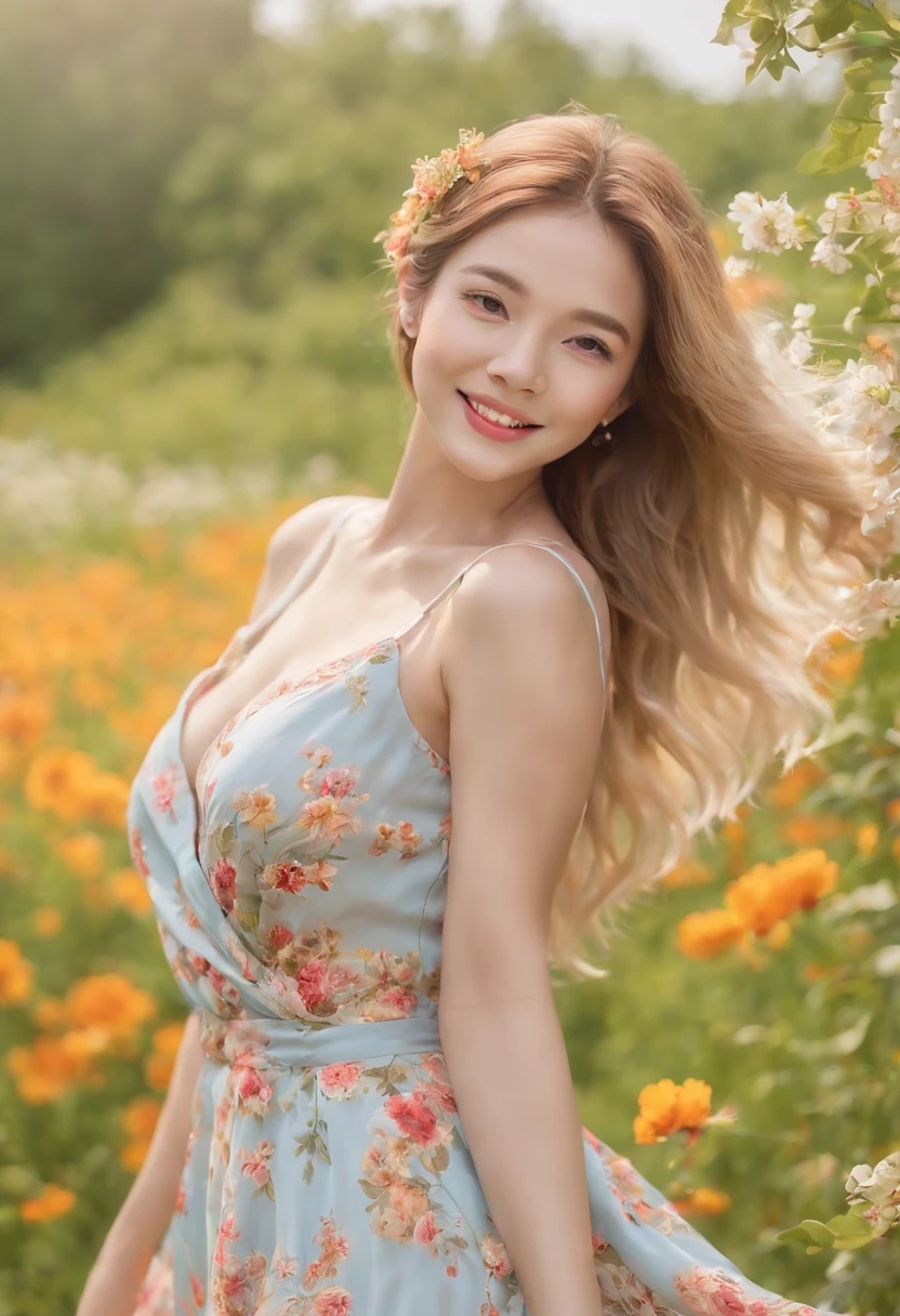 (masutepiece, Vivid portrait:1.3), (Seductive depiction of blonde woman in flower garden:1.2), (Canon EOS 5D Mark IV Camera, Famous for capturing vibrant colors and rich textures:1.2), (Paired with Canon EF 35mm F/1.4L II USM lens for versatile compositions:1.2), (Flowing, voluminous blonde hair caught in the breeze, Adding dynamism:1.1), (Glowing blue eyes reflecting the shade of the sky:1.1), (A perfect face that exudes perfection:1.1), (Knee-length sundress full of kaleidoscopes of colors:1.1), (Her cheerful smile radiating pure happiness:1.1), (Playful movements of the dress to capture the light:1.1), (A mix of wildflowers to create a vibrant backdrop:1.1), (Sunlit fields depicting a joyful atmosphere:1.1), (The sensor of the camera is、Captures the intricate texture of her hair and fabric:1.1), (Lenses that highlight her seductive smile and vibrant outfit:1.1), (A moment to capture carefree joy in nature:1.1), (The synergy of color and emotion in one frame:1.1), (Portrait capturing the essence of the radiant spirit in a blooming landscape:1.1)、One lady、bustup、full bodyesbian、huge tit、