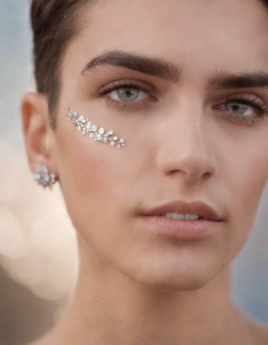 an image of a young man with silver earrings over his eyes by neda molina, in the style of made of crystals, feminine sticker art, carnivalcore, luminous palette, stock photo, polka dots, milton h. greene
