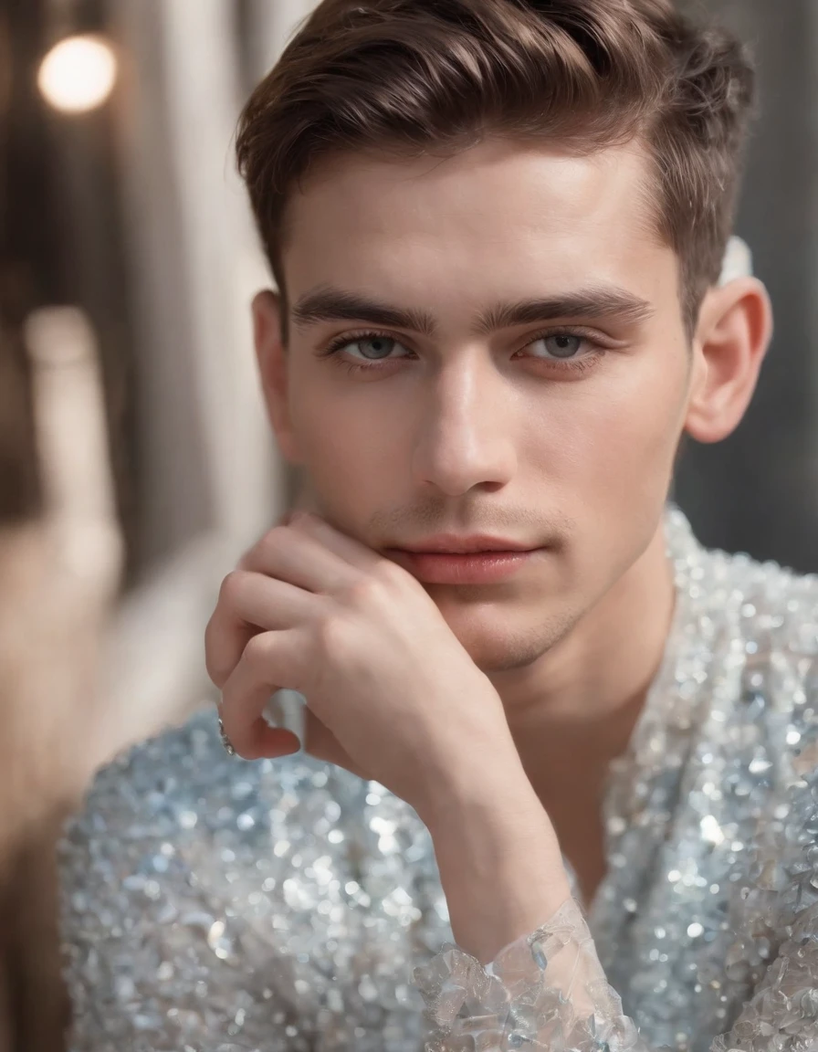 an image of a young man with silver earrings over his eyes by neda molina, in the style of made of crystals, feminine sticker art, carnivalcore, luminous palette, stock photo, polka dots, milton h. greene