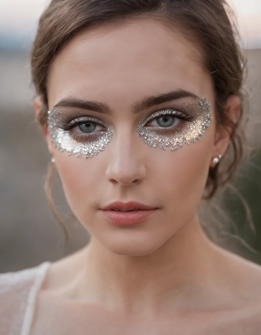 an image of a young man with silver earrings over his eyes by neda molina, in the style of made of crystals, feminine sticker art, carnivalcore, luminous palette, stock photo, polka dots, milton h. greene