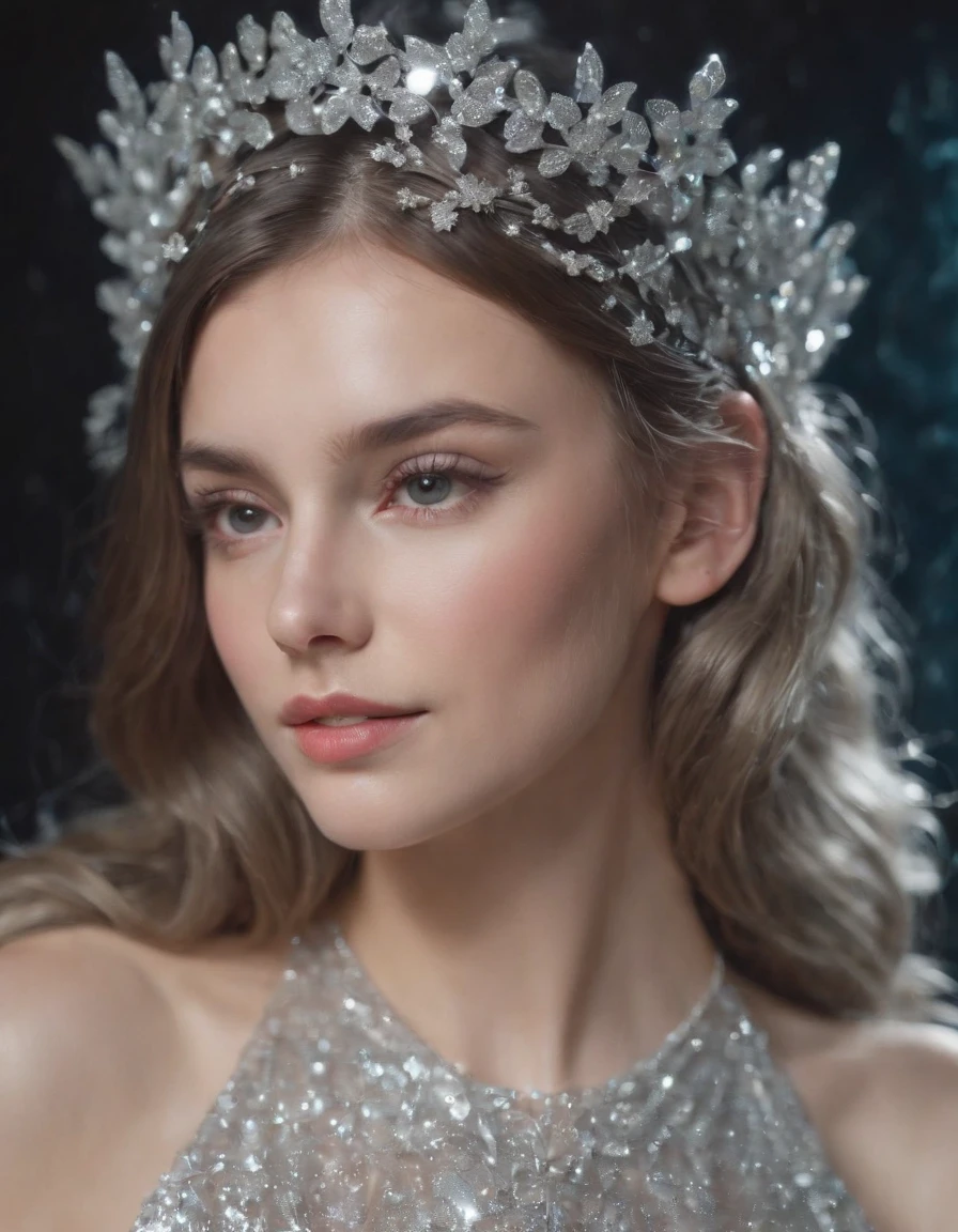 a girl with silver/effervescent headpieces, in the style of colorful vibrations, wavy resin sheets, joyful chaos, close-up, glitter, transparent/translucent medium, multilayered