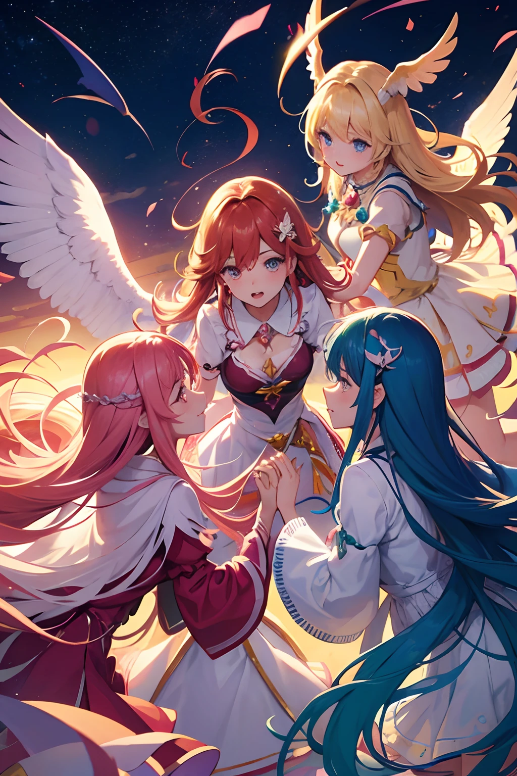 A group of 5 magical girls (mahou shoujo group) flying together and dancing happily and a chaotic, multicolored sky in the background and over them evil eyes of a chaotic, multicolored witch, perfect hands, rostos perfeitos, vestidos bonitos, cabelos super coloridos e vibrantes, rostos bonitos rostos perfeitos, cabelos bonitos, olhos expressivos, bocas bonitas, beautiful hands, detailed hands, beautiful hands, dedos perfeitos, numero de dedos de um ser humano