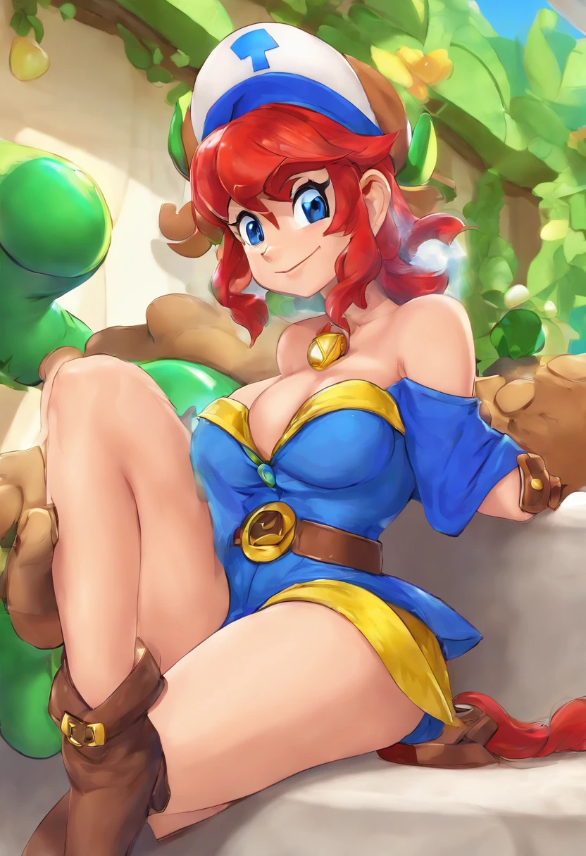 masterpiece, best quality, highres, Tannd, redmid, crimson hair, medium hair, blunt bangs, blue hairband, big breasts, Nude, Pussy, cowboy shot, indoors, sitting,green eyes