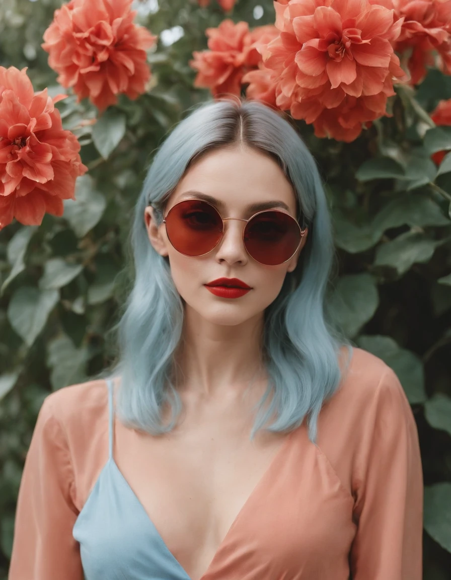 a female woman with sunglasses is standing with a flower on her face, in the style of sky-blue and red, kidcore, golden age aesthetics, photo taken with provia, graphic and bold, campcore, solarizing master