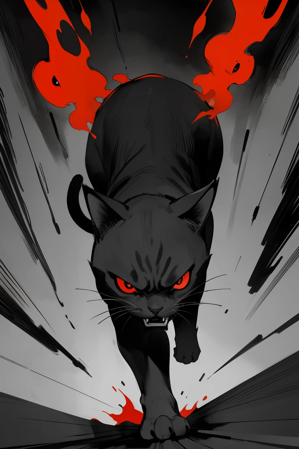 masterpiece, solo, pov, evil cat, red evil eyes, walking in flames, front view, dynamic pose, greyscale, monochrome, halftone, drawing, manga, otoyomegatari, face focus,