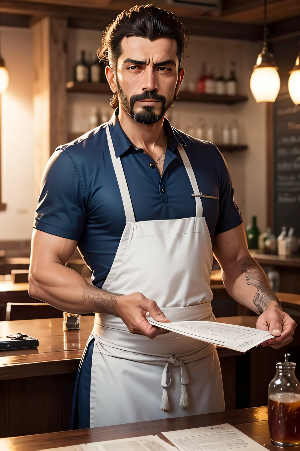 I want an image where a restaurant owner is refreje fustrado with the anotecio is of the orders.