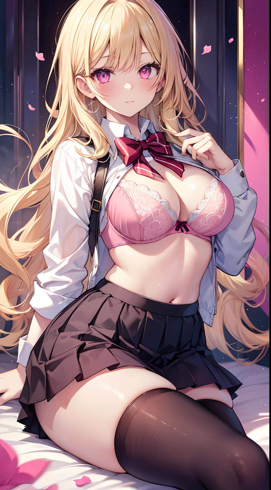 masterpiece, high quality, 1girl, gyaru, blonde hair, pink eyes, school uniform, thighhighs, pink bra