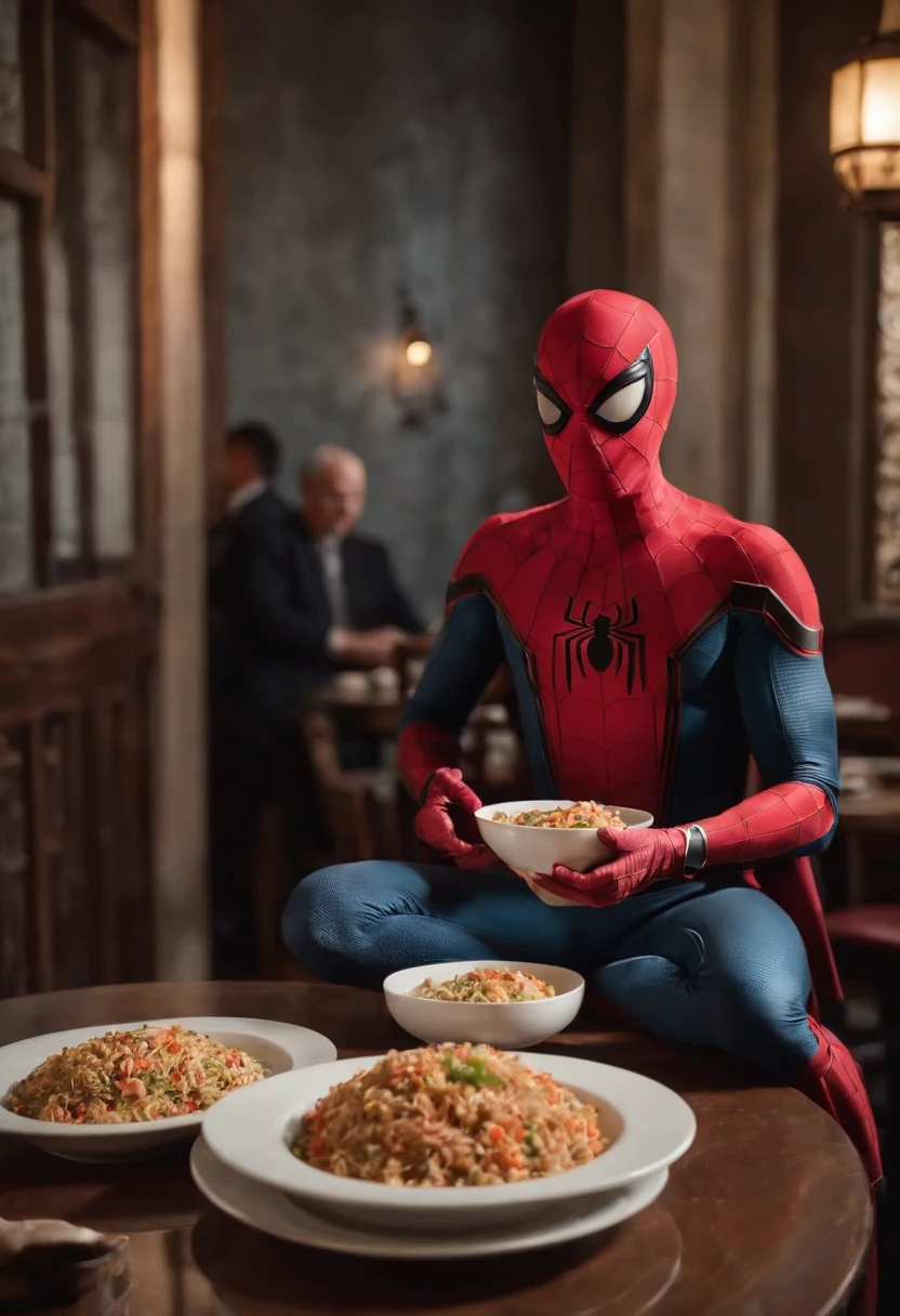 Cinematographer, ultra realista, Ropa detallada, Bellamente detallado, UHD, HDR, Altas Resoluciones, ultra detallado, Detalles intrincados, Efectos texturales, absurdos, obra maestra, 8k:1.2. En esta imagen, vemos a Spider-Man en un inusual descanso de sus actividades heroicas. He's standing in a chic Asian restaurant in his iconic costume.............................. Spider-Man holds a bowl of Chinese fried rice mixed with chow mein in his hands skillfully. The restaurant is decorated with traditional Chinese elements, como linternas rojas colgando del techo y dragones dorados esculpidos en las paredes. The dim light of the lanterns creates a warm and welcoming atmosphere in the place.