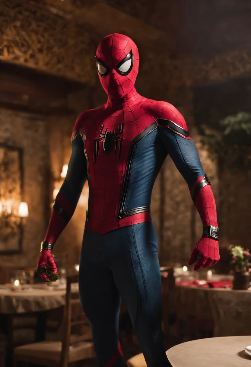 Cinematographer, ultra realista, Ropa detallada, Bellamente detallado, UHD, HDR, Altas Resoluciones, ultra detallado, Detalles intrincados, Efectos texturales, absurdos, obra maestra, 8k:1.2. En esta imagen, vemos a Spider-Man en un inusual descanso de sus actividades heroicas. He's standing in a chic Asian restaurant in his iconic costume.............................. Spider-Man holds a bowl of Chinese fried rice mixed with chow mein in his hands skillfully. The restaurant is decorated with traditional Chinese elements, como linternas rojas colgando del techo y dragones dorados esculpidos en las paredes. The dim light of the lanterns creates a warm and welcoming atmosphere in the place.