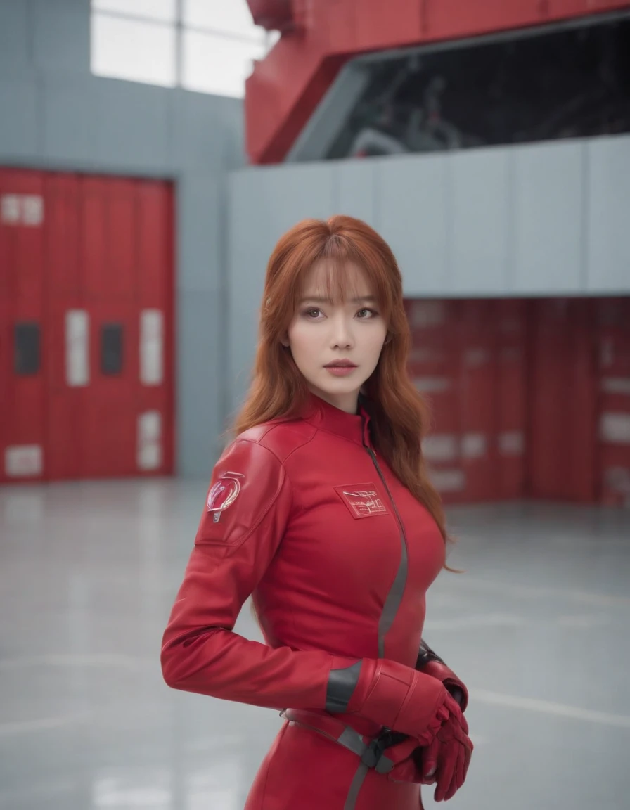photo of Soryu Asuka Langley, futuristic red hangar door background, medium shot, 8k UHD, DSLR, cinematic lighting,