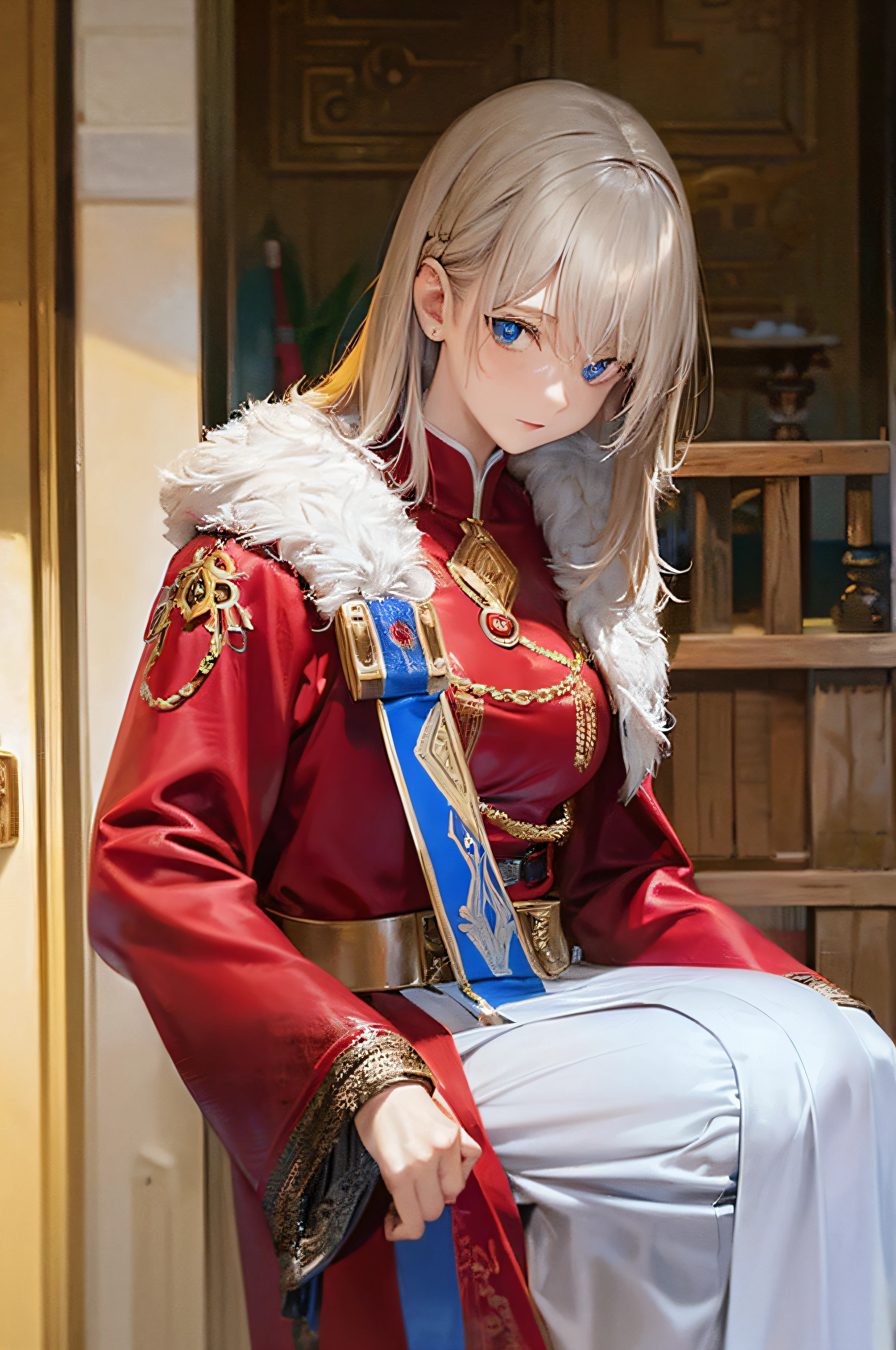 It has sky-blue pupils,((There is a gold ring on the outermost side of the eyeball)),Silver-blond waist-length hair,A maiden with a holy sword,(He wore a gorgeous red robe,It is studded with gold silk),Some parts of the body wear armor,super beautifulgirl,(Best quality),(Masterpiece),((Red robe))