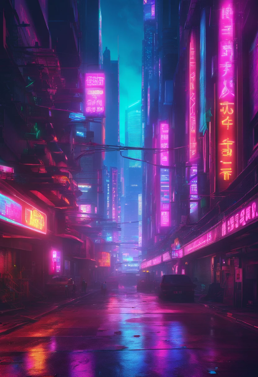 A city street with neon signs and buildings at night - SeaArt AI