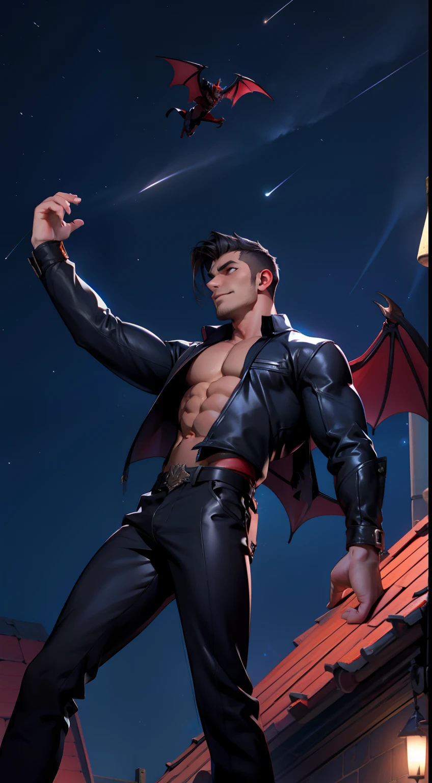 Male muscle vampire flying on a night sky