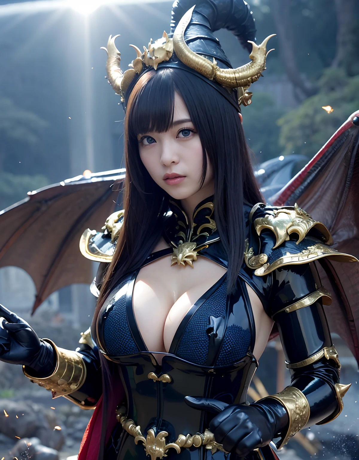 ((World of Darkness)),Professional , masterpiece、top-quality、photos realistic , depth of fields 、(((Fight dragons))),(Dragon Black Metal Body:1.9),(latex black-blue、(cleavage of the breast),(Fight dragons)、、(((Particles of light))),(Micro Bikini Armor:1.7),Gorgeous gold weapons ,(Fight dragons)、Seductive look、The face of the dragon is out、(blood splattere、Armpit、((((With a magic wand))), ) , (((Wearing a black latex wizard hat))),(demonic wings) ,((a blond))、(Castle background)、((Gangle's forest background))、Beautiful Caucasian beauty、1a person、Armpit、dynamic ungle,(((Detailed and ornate dragon wizard hat)))、Smaller head、A smile、Castle background、Thin and beautiful female hands、cleavage of the breast、Soldier in iron armor on background、Mystical expression、Light Effects、intense fighting、Wind-effect、magic circles、With the legendary magic wand、Dragon's tail、explosions、Toostock、Toostock、(Beautuful Women),