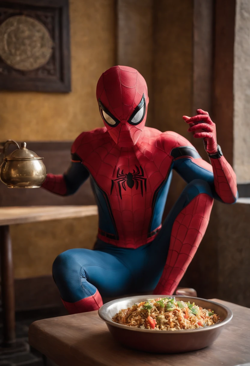 Cinematographer, ultra realista, Ropa detallada, Bellamente detallado, UHD, HDR, Altas Resoluciones, ultra detallado, Detalles intrincados, Efectos texturales, absurdos, obra maestra, 8k:1.2. En esta imagen, vemos a Spider-Man en un inusual descanso de sus actividades heroicas. He's standing in a chic Asian restaurant in his iconic costume.............................. Spider-Man holds a bowl of Chinese fried rice mixed with chow mein in his hands skillfully. The restaurant is decorated with traditional Chinese elements, como linternas rojas colgando del techo y dragones dorados esculpidos en las paredes. The dim light of the lanterns creates a warm and welcoming atmosphere in the place.