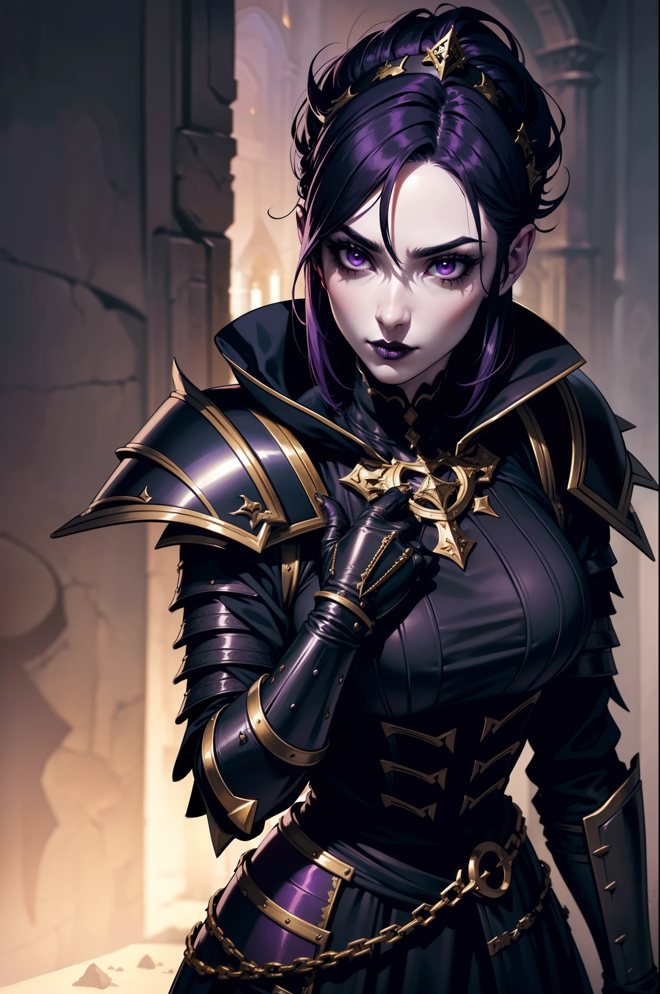 An adult vampire wizard character wearing a very detailed and beautiful gothic armor. Your hair with cut in short style, black lip color, purple eye color;, manto, capuz, caminhando, 8k, Magnificent, Black and gold Gothic armor, capa branca e roxa