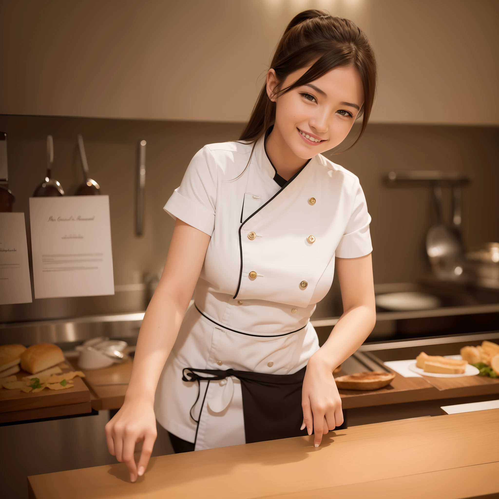 masterpiece, super detail, high quality, award winning, 8k, (girl), solo, smile, famous restaurant chef, portrait style, in the kitchen of the restaurant, in Paris, Natural light, detailed fingers