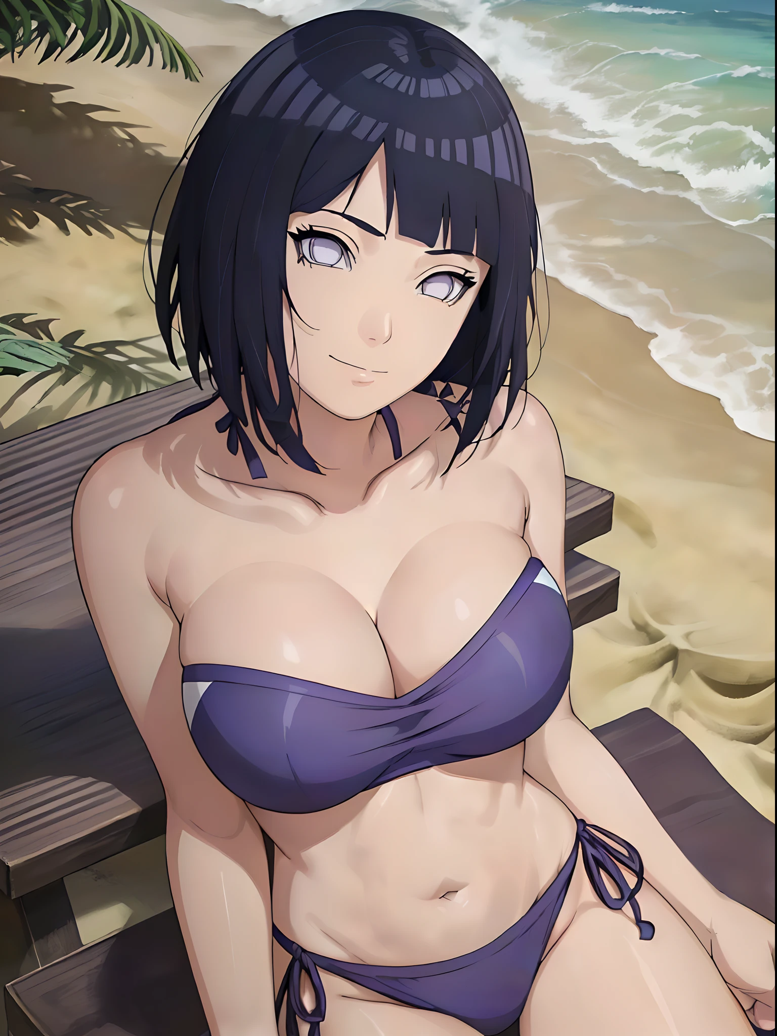 (WALLPAPER, (hinata\(boruto\), (((very simple strapless bikini))), masterpiece, 4k, vector coloring, whole body shot, (high color saturation), contrast lighting, mature female, (curvy:0.8), solo, anime style, sharp focus, professional artwork, intricate details, colorful, vibrant colors, vivid colors, digital blending, ultra detailed body, ultra detail hair, ultra detail face, trending on pixiv, very hot colors, (((beach background, outdoors))), detailed bold arm lines, high color saturation, bold lines, bold drawing lines),
(((laying on bench)), (head tilt), closed mouth, kind smile, gentle look),
((dark blue hair color:1.1), wavy hair, ((short hair, hime cut)),
(perfect eyes, white sciera, bright eyes, white eyes, anime eyes, smoky eyeliner, eyeshadow)
(white skin, (fair skin), slender body, milf, perfect face),
(legs, big breasts, off-shoulders, (detailed shoulders, detailed arm lines)),
(bare shoulders, bare legs, (closed fists),