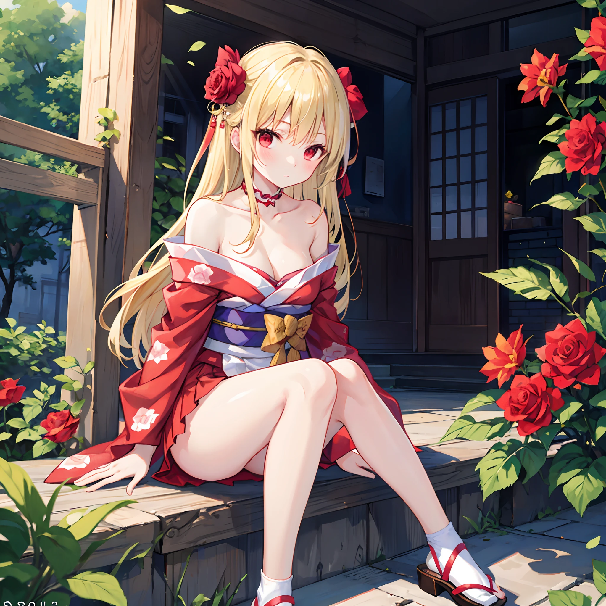 a blond、red eyes、Beautiful girl alone、Bright red kimono、off shoulders、a miniskirt、sitting on、rose garden、